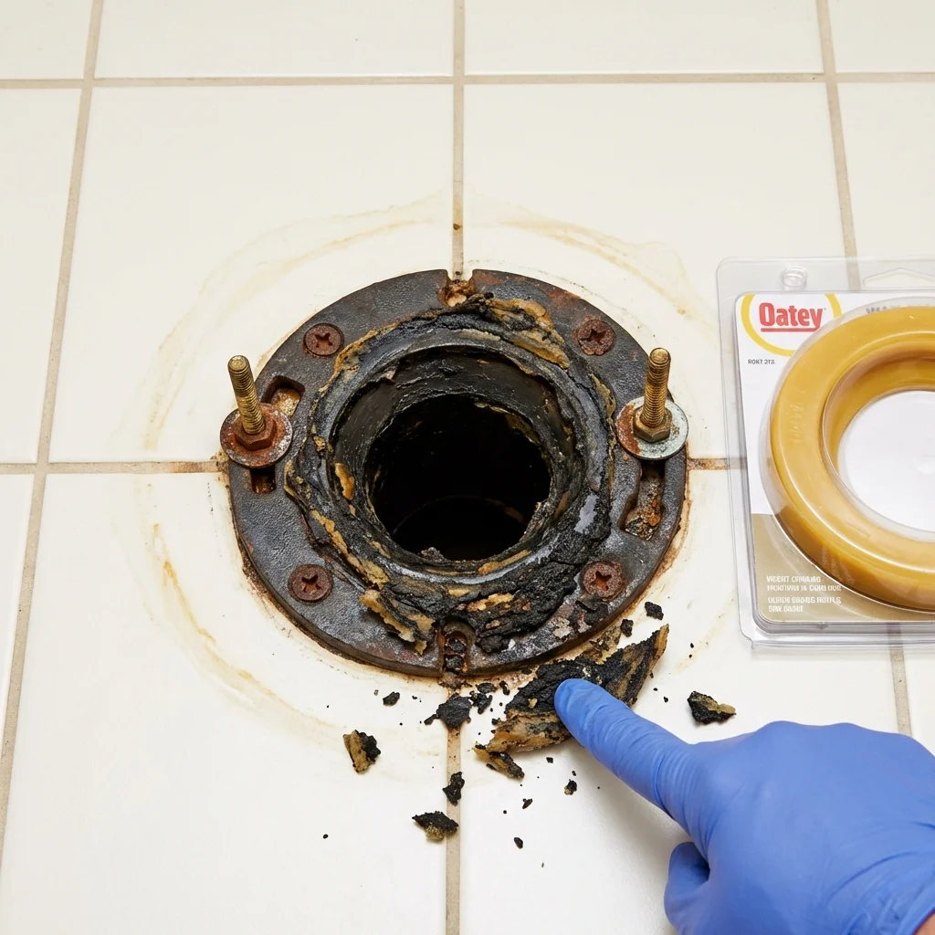 Failed wax ring showing water seepage at the base of a toilet in a Clarksville, VA home