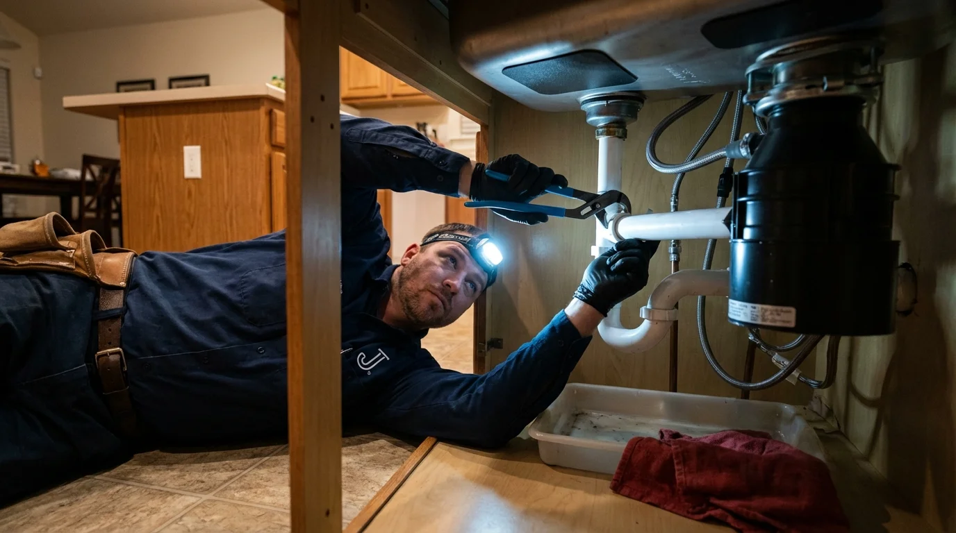 P-trap and supply line connections under a kitchen sink showing a common leak point in Clarksville, VA